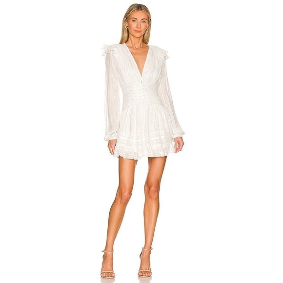 Rococo Sand Short Dress V Neck Ruched Long Sleeve Casual White Silver Size L NWT